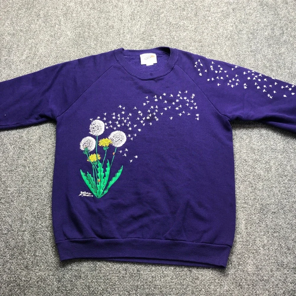 Vintage Morning Sun Purple Dandelion Graphic Crewneck Sweatshirt Large USA Made